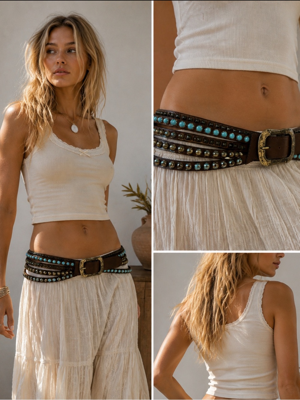 Leatherock RARE Preston 4 Strand Hip Belt Blue Brown Crystals Made in USA MINT